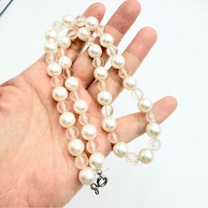 Vintage Japan Faux Pearl Necklace with Clear Crystal Beads – Signed